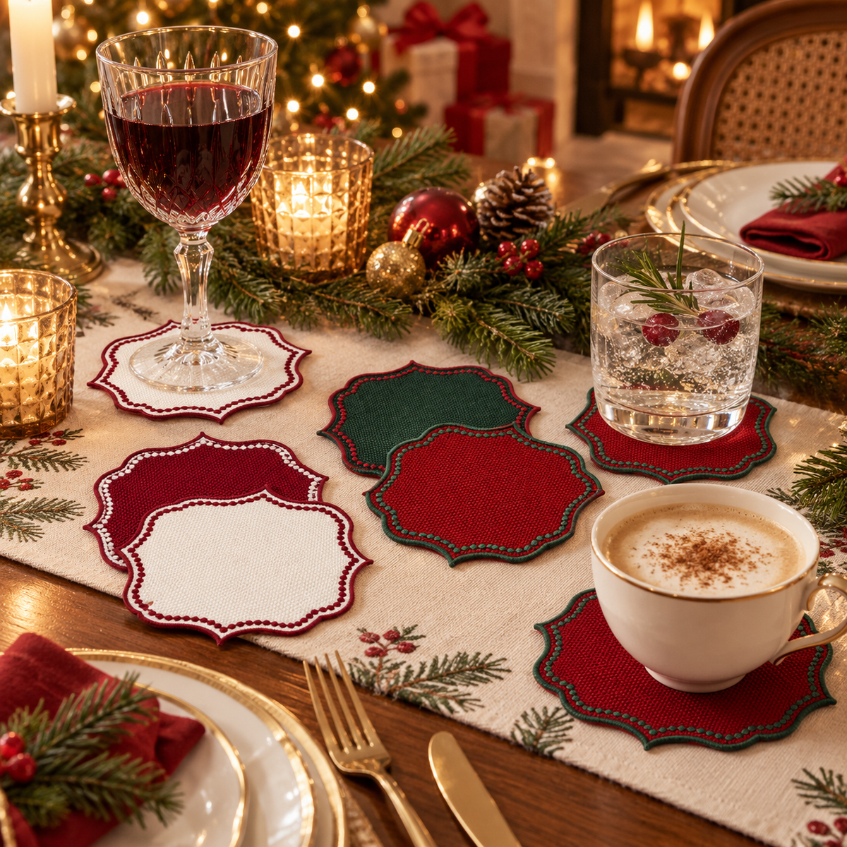 Set 4 Sottobicchieri Natalizi Bon Ton 14x14 cm - Maestri Cotonieri