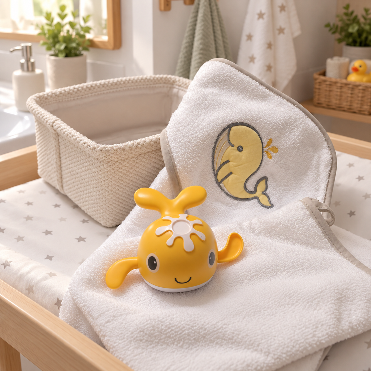 Set Bagnetto Baby Balena 4 Pezzi Accappatoio a Triangolo, Manopola, Cestino e Giochino - Bruco Bruco