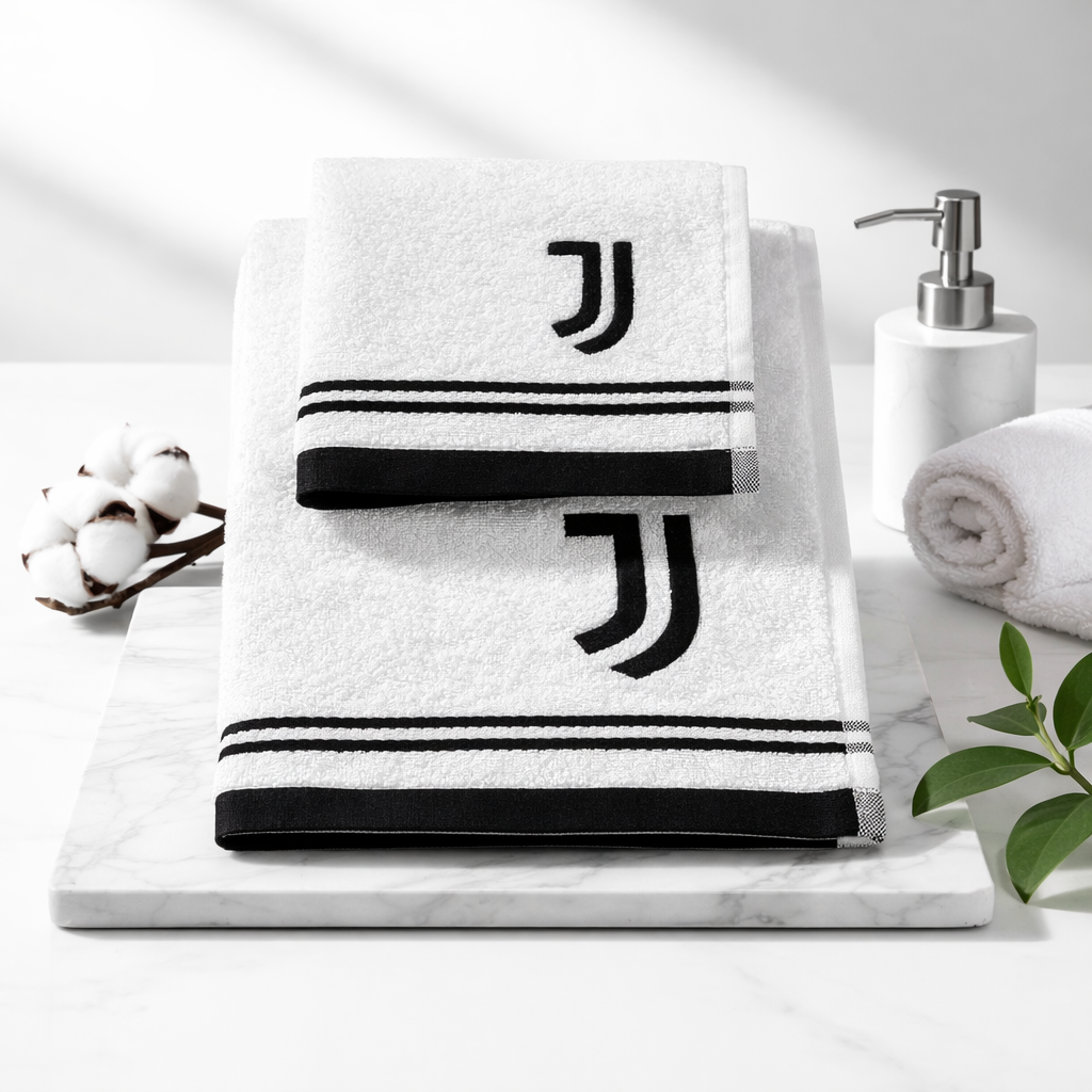 Set Asciugamani 1+1 Juventus Ufficiale 100% Cotone – 100x60 + 60x40 Bianco Nero