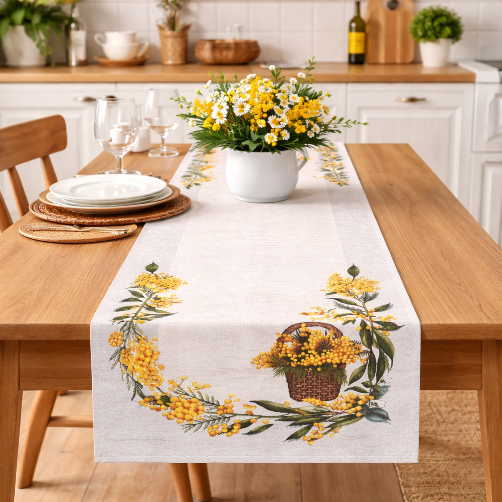 Tovaglia e Complementi Arredo Mimosa in Gobelin 100% Cotone Made in Italy – Rotonda, Runner, Copritavola e Cuscino