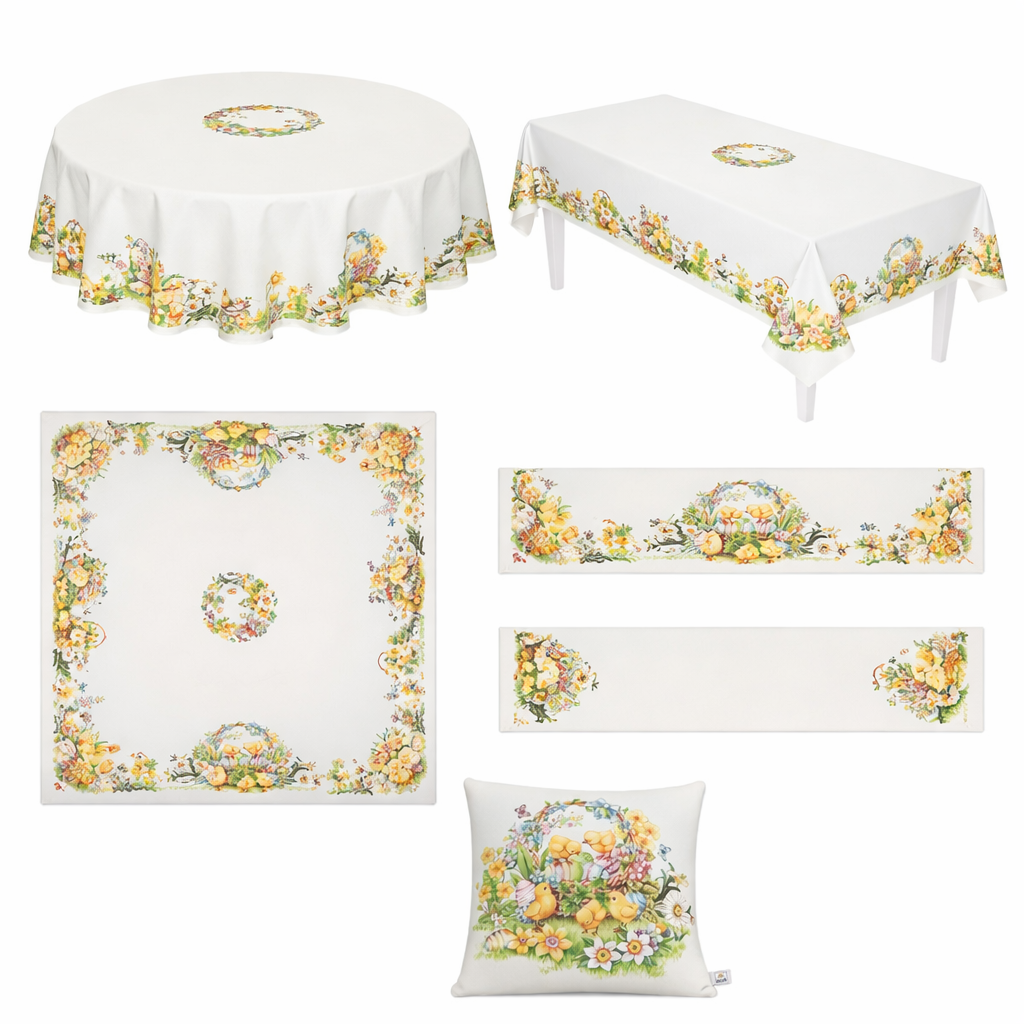 Tovaglia e Complementi Arredo EASTER DUCK in Gobelin 100% Cotone Made in Italy – Rotonda, Runner, Copritavola e Cuscino