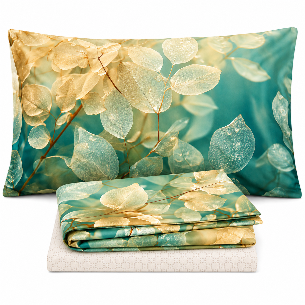 Completo Lenzuola Matrimoniale con Balza Stampata Foglie Gold 100% Cotone - Botticelli Home