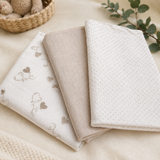 Set 3 Mussole in Garza di Cotone Bianco/Tortora Neonato Rifinite con Piega 75x75cm - Nancy Baby