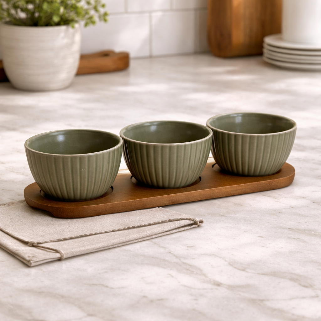 Set 3 Ciotoline in Ceramica con Vassoio in Bamboo - Gusto Casa