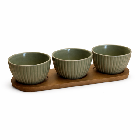 Set 3 Ciotoline in Ceramica con Vassoio in Bamboo - Gusto Casa
