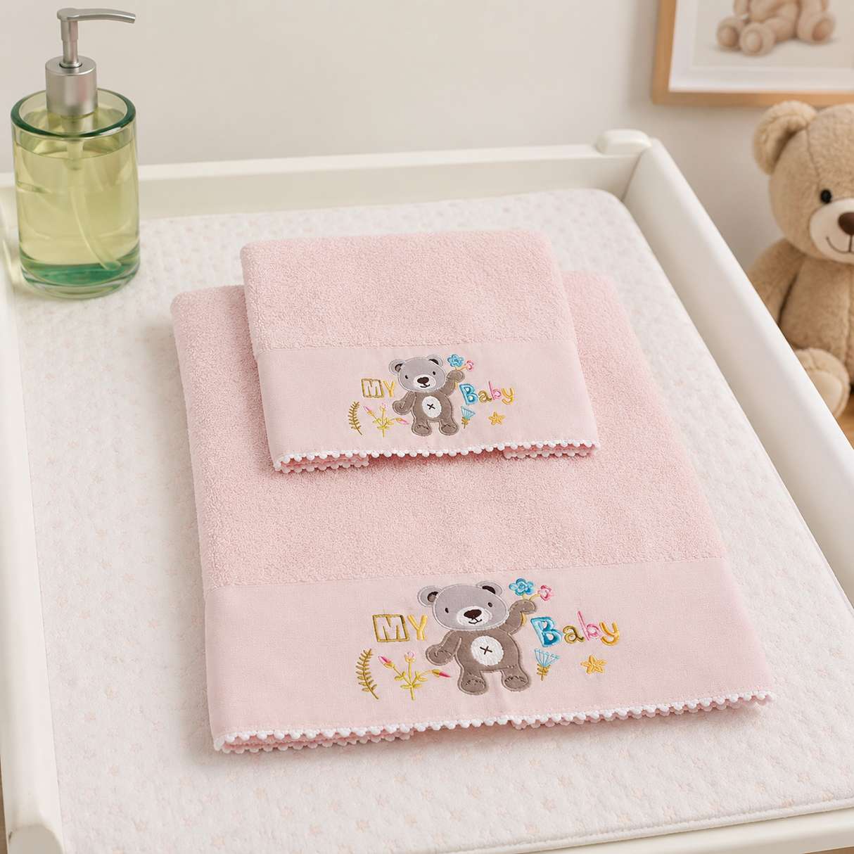 Set Asciugamani Baby 1+1 in Spugna di Cotone Orsetto - Vingi