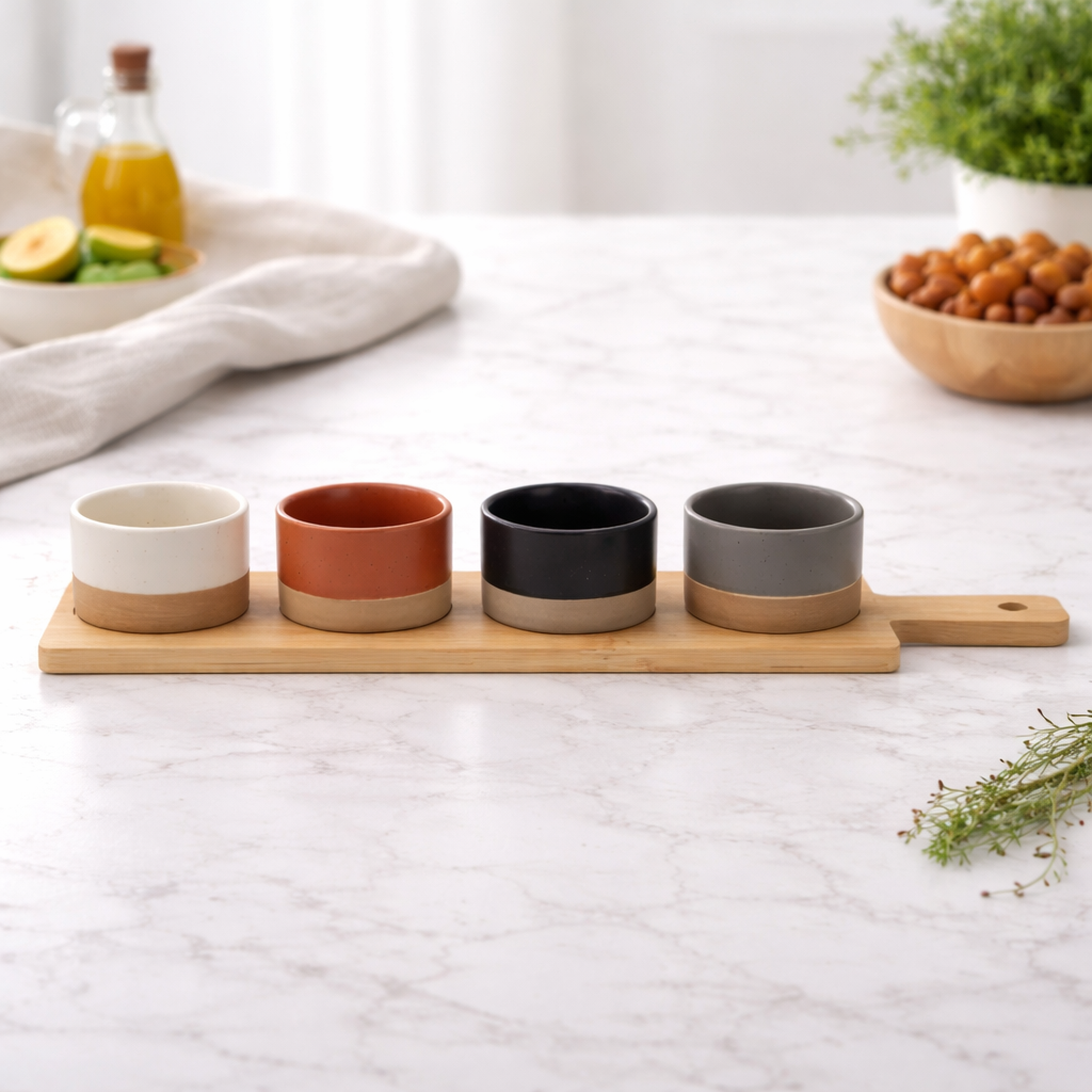 Antipastiera con 4 Ciotole in Ceramica e Base in Bamboo - Gusto Casa