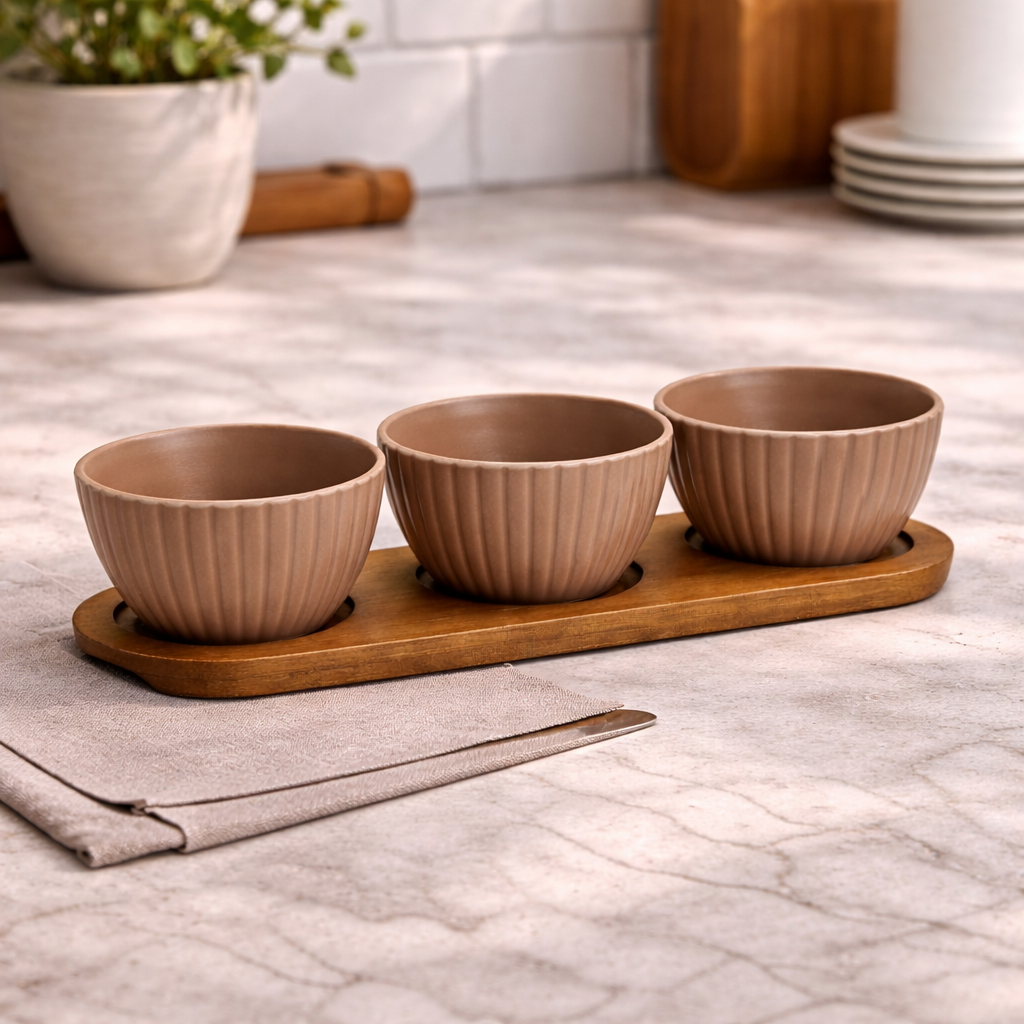 Set 3 Ciotoline in Ceramica con Vassoio in Bamboo - Gusto Casa