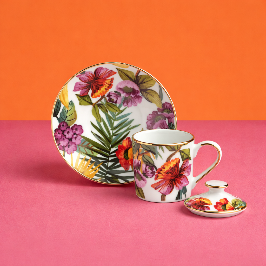 Tazza da Caffè con Coperchio e Piattino White Exotic Jungle - Weissestal