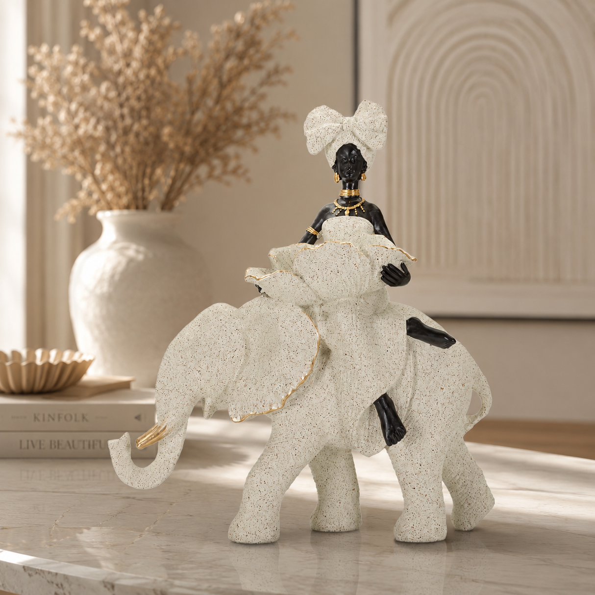 Scultura Etnica Donna Africana Su Elefante 50X16X34cm - Ferretti