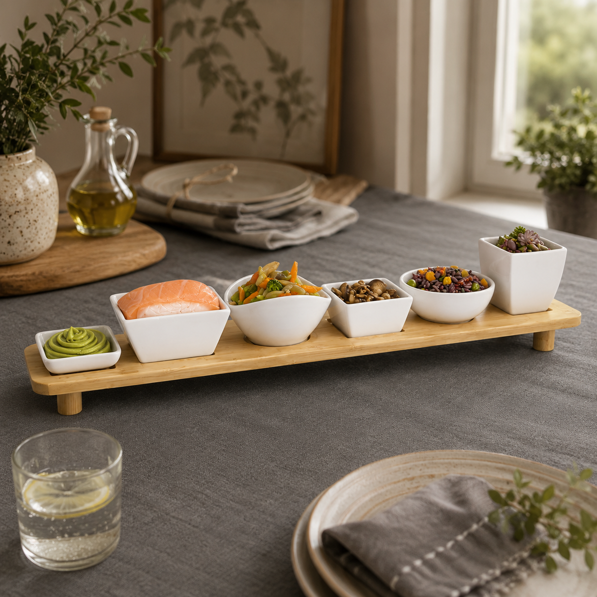 Set Antipastiera con 6 Ciotole in Ceramica e Base in Bamboo - Gusto Casa
