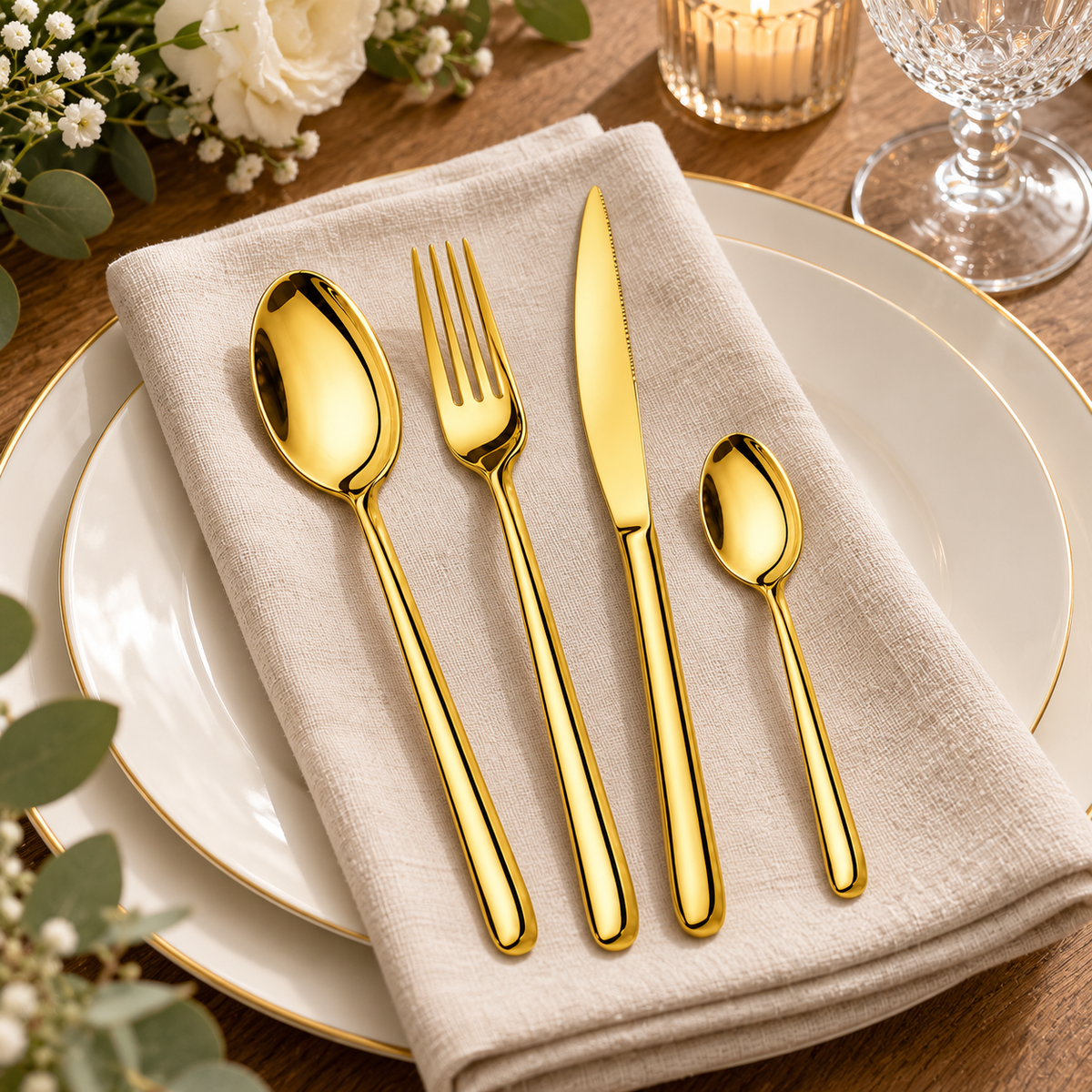 Set 24 Posate Chery Oro Acciaio Inox 18/10 PVD Lucido in Scatola Vetrina - Domus&Design