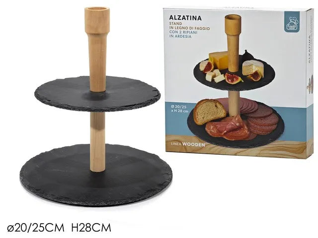 Alzatina 2 Ripiani in Ardesia con Struttura in Legno Ø20/25 x H28 cm - Gusto Casa