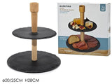 Alzatina 2 Ripiani in Ardesia con Struttura in Legno Ø20/25 x H28 cm - Gusto Casa
