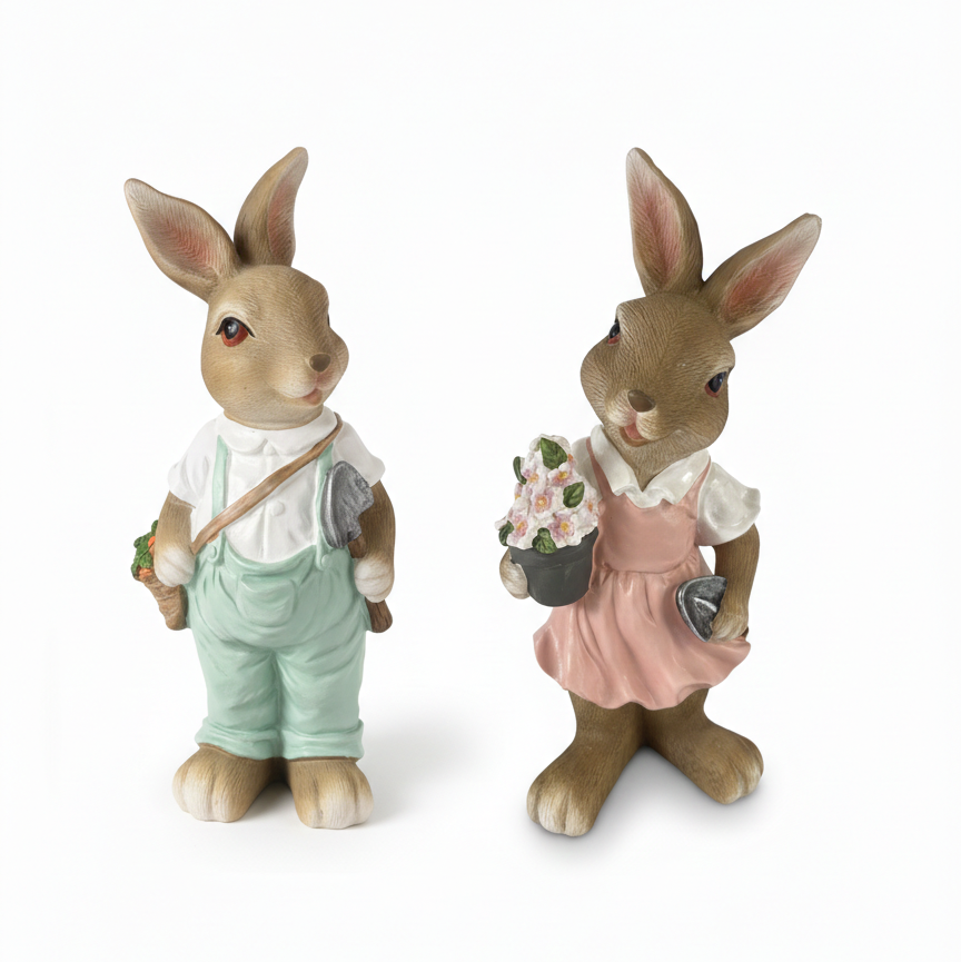 Coppia Conigli in Resina – Coniglietto Giardiniere 14x27 cm