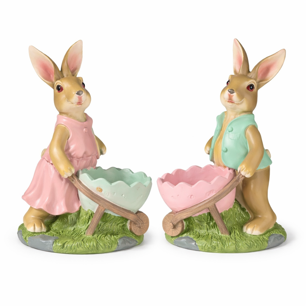 Coppia Conigli in Resina – Coniglietto Contadino 19x21 cm