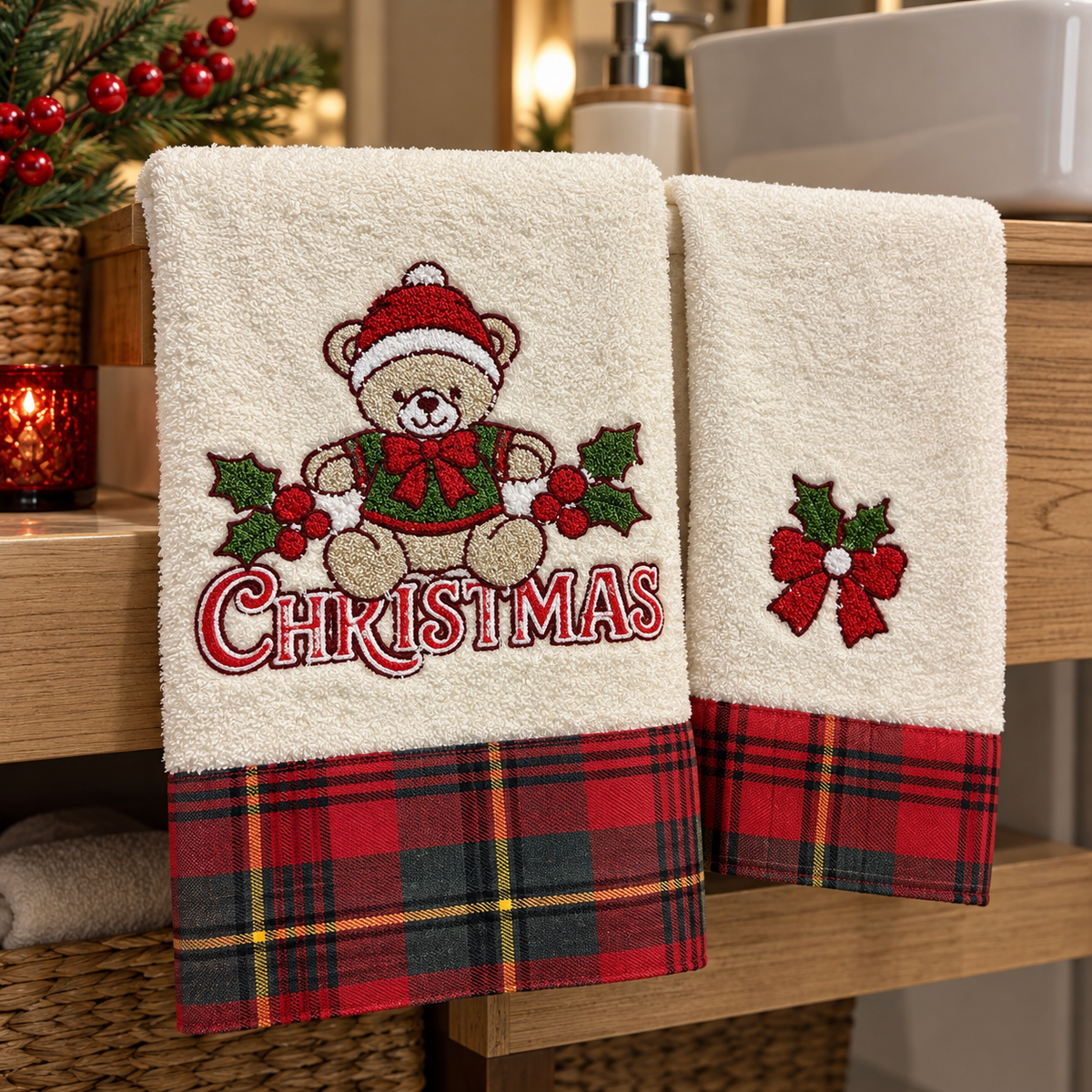 Set Asciugamani 1+1 Natalizi Scozia Xmas Orsetti in Spugna 100% Cotone - Vingi
