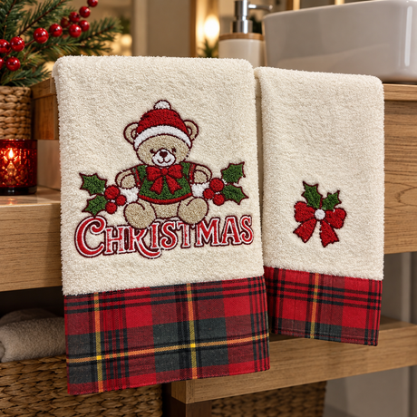 Set Asciugamani 1+1 Natalizi Scozia Xmas Orsetti in Spugna 100% Cotone - Vingi