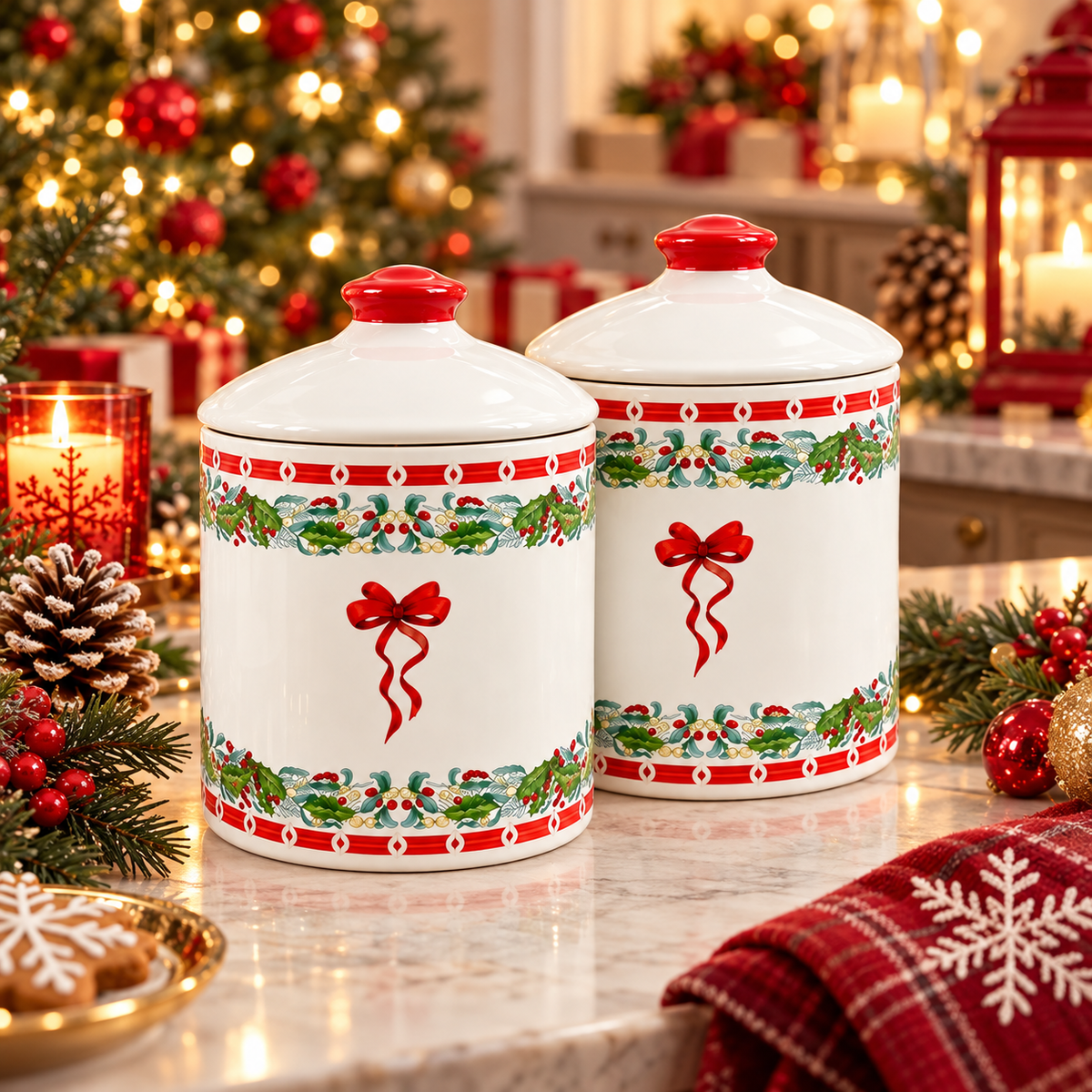 Set 2 Barattoli da Cucina Natalizi Ribbon 12xh18cm - Arca