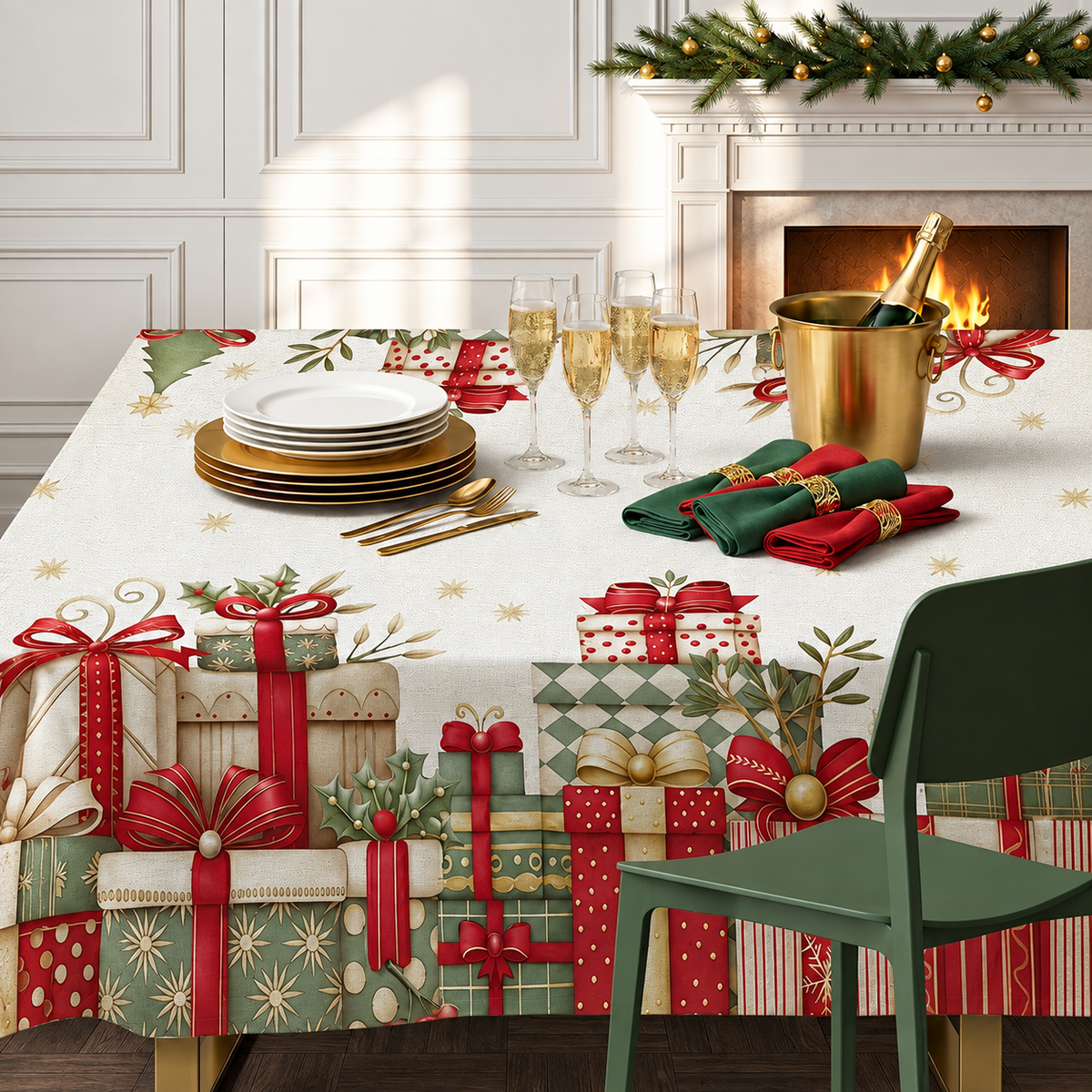 Tovaglia Natalizia Radici Fantasia Regali Antimacchia in Canvas Fiammato - Tessitura Randi