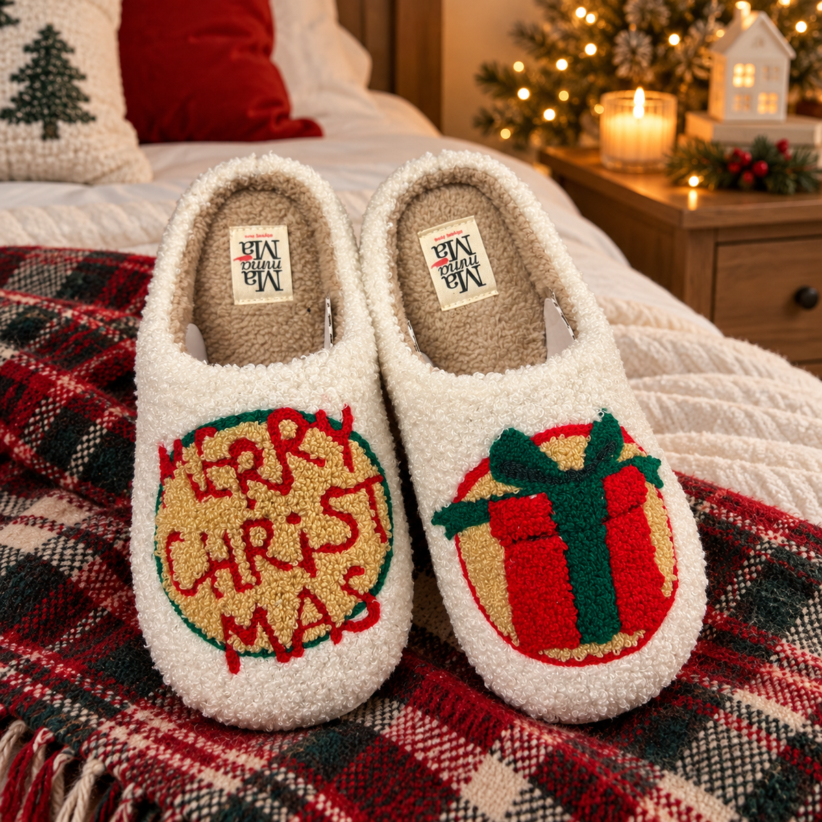 Pantofole Natalizie "Merry Christmas" in Morbido Tessuto Teddy - Mamma Mà Slippers Home