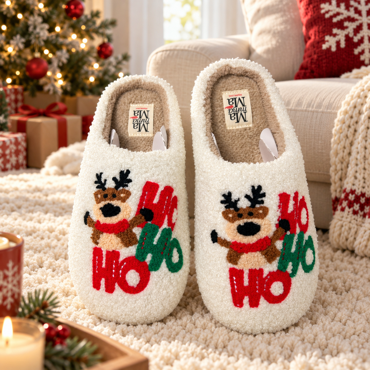 Pantofole Natalizie Renna "Ho Ho Ho" in Morbido Tessuto Teddy - Mamma Mà Slippers Home