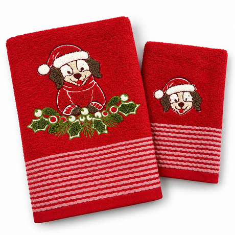 Set Asciugamani 1+1 Natalizi Benny Xmas Bassotto in Spugna 100% Cotone - Vingi