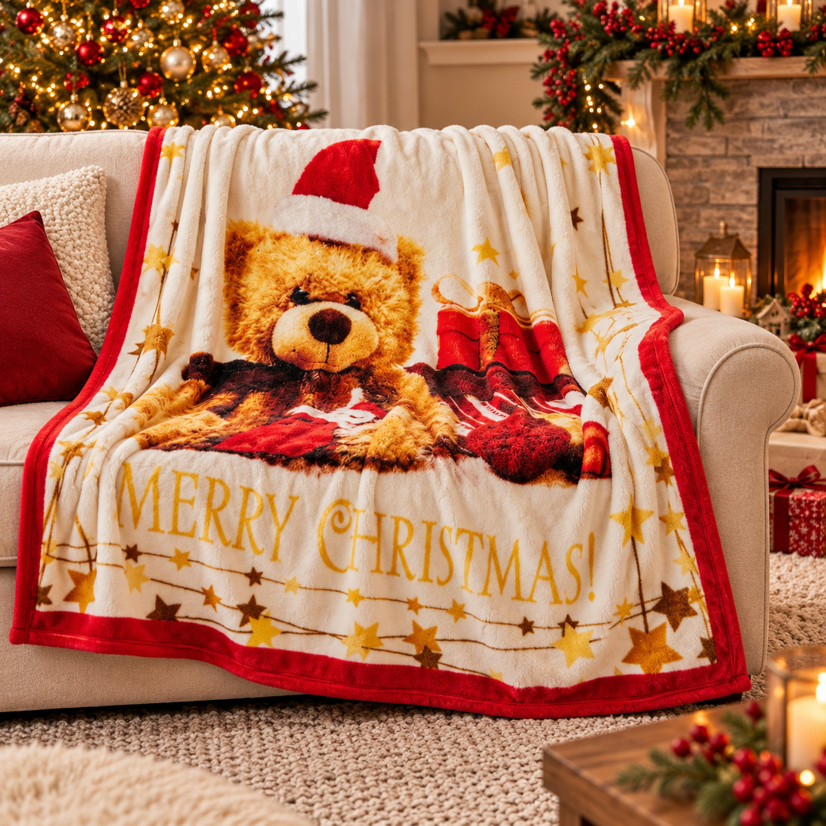 Plaid Natalizio Cashmere Touch in Ecopelliccia con Stampa Digitale Teddy 130x160 cm - Linea Oro