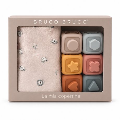 Set Regalo Baby Copertina con 6 Cubi Sensoriali Impilabili in Silicone - Bruco Bruco