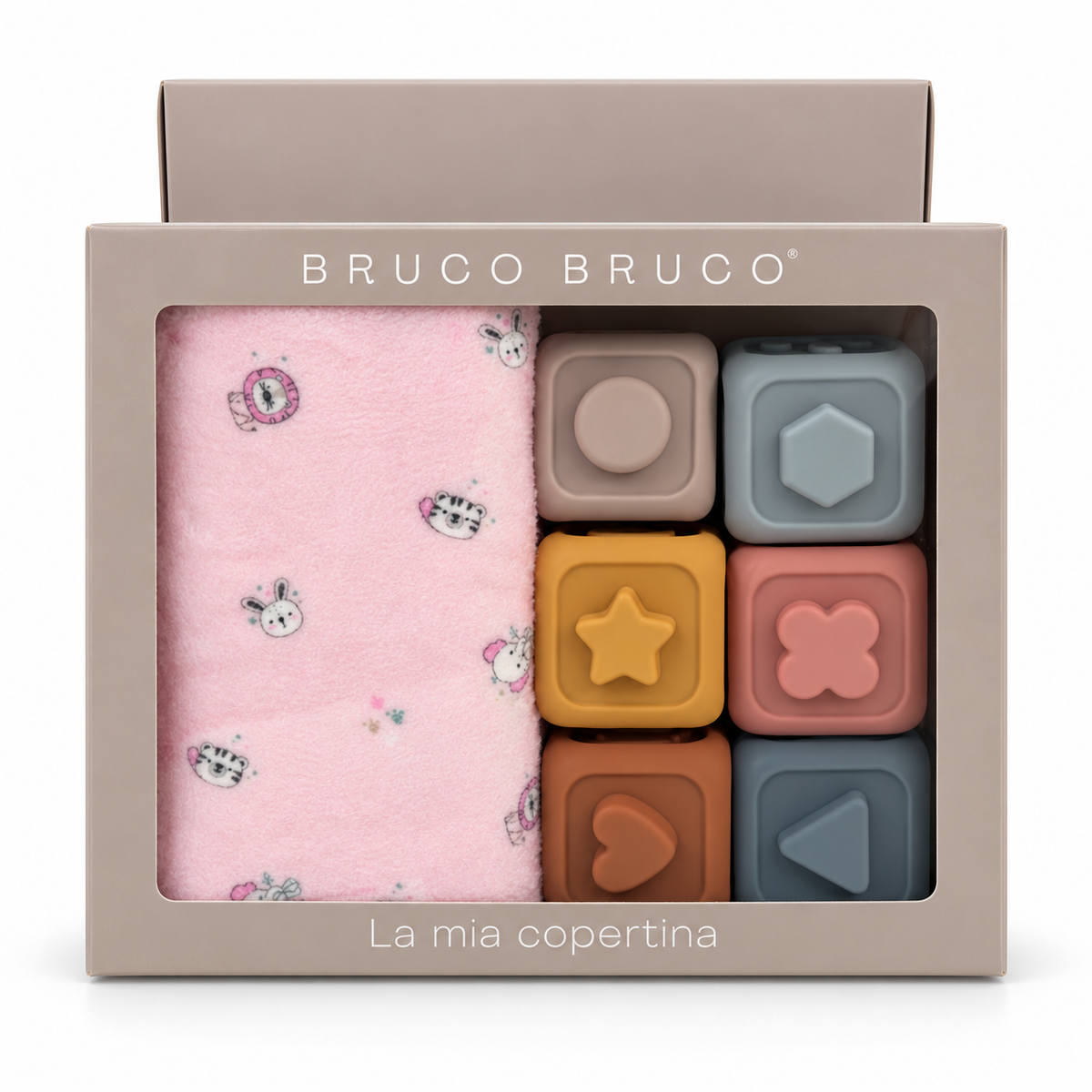 Set Regalo Baby Copertina con 6 Cubi Sensoriali Impilabili in Silicone - Bruco Bruco