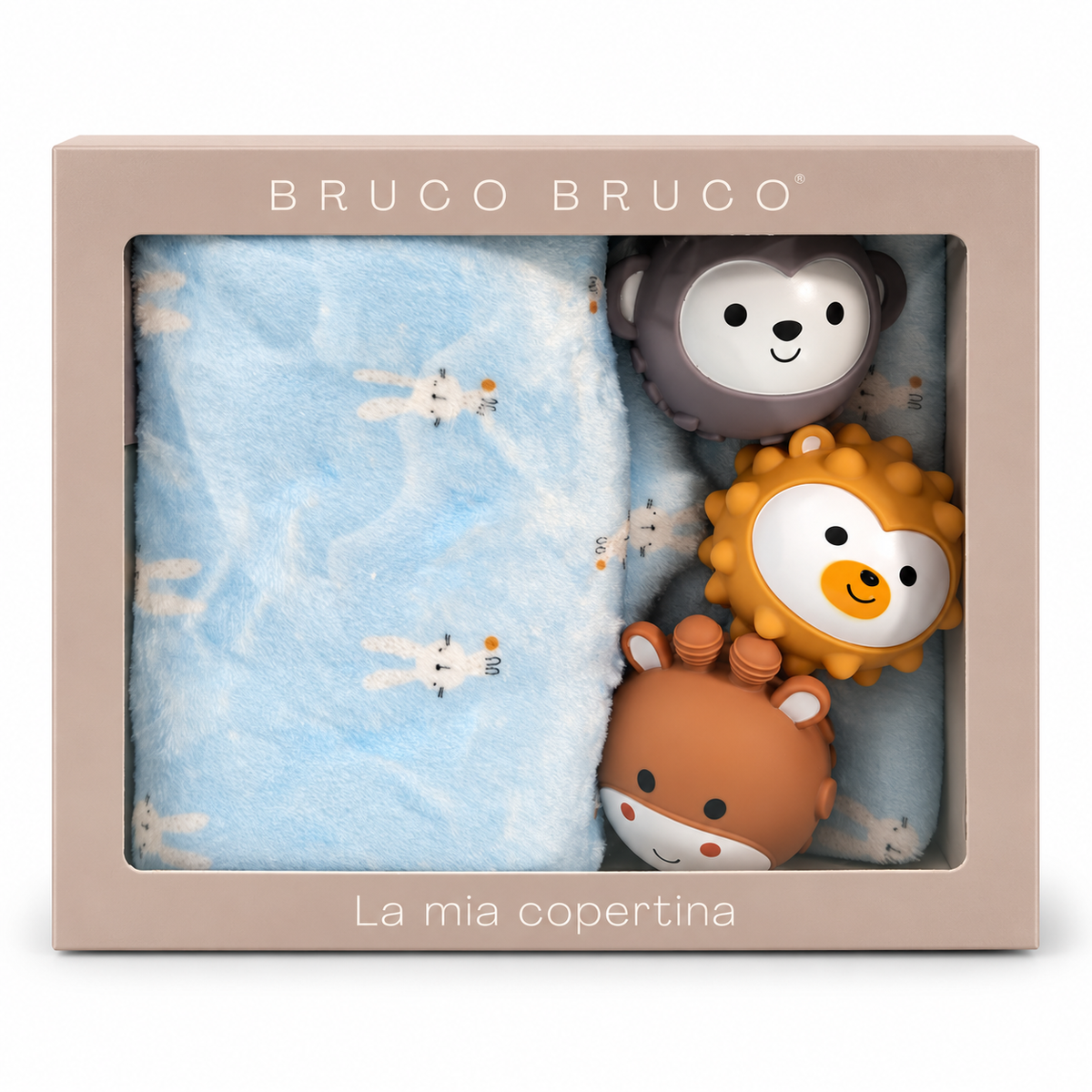 Set Regalo Baby Copertina con 3 Animaletti Sensoriali in Silicone - Bruco Bruco
