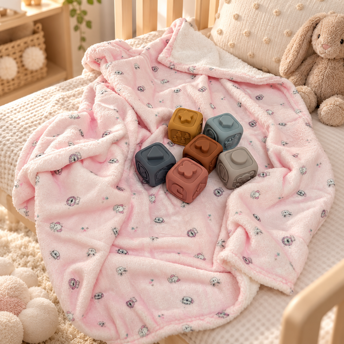 Set Regalo Baby Copertina con 6 Cubi Sensoriali Impilabili in Silicone - Bruco Bruco