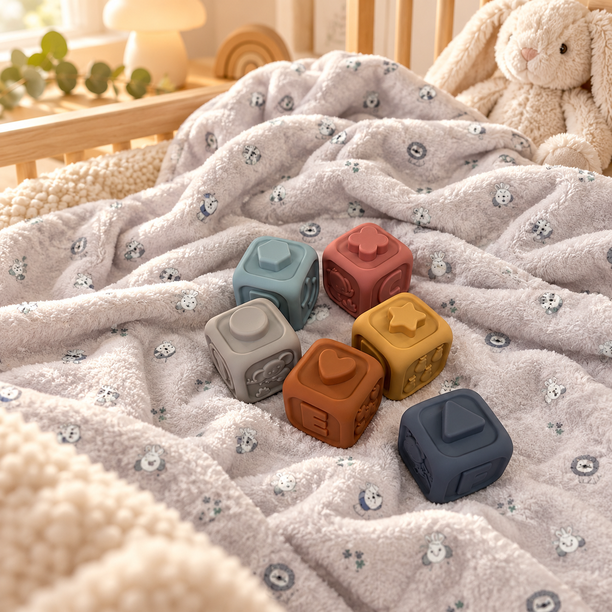 Set Regalo Baby Copertina con 6 Cubi Sensoriali Impilabili in Silicone - Bruco Bruco