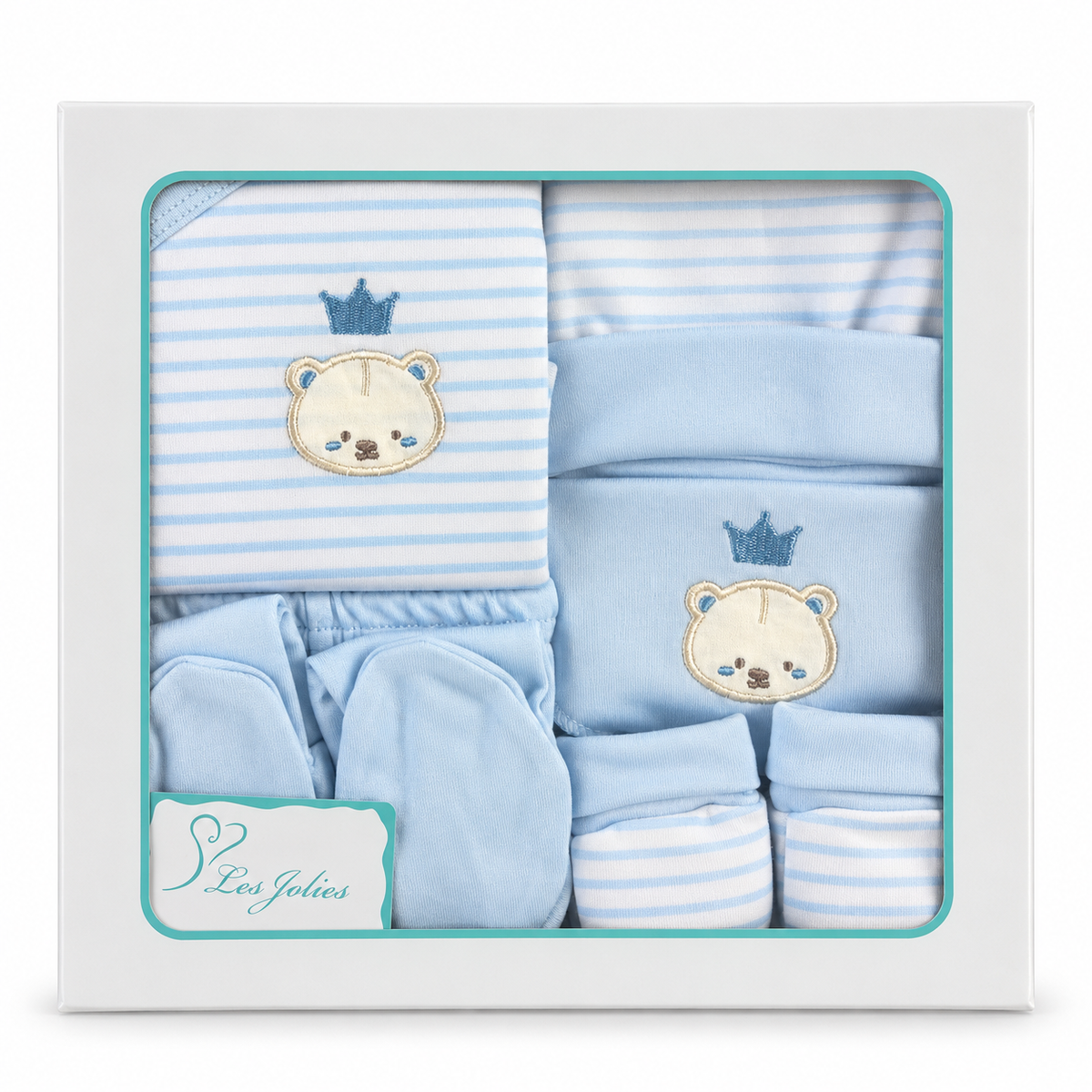 Set Nascita Neonato 5 Pezzi 100% Cotone con Cappellino, Muffolette, Bavetto e Completo Tutina art. LJ3591 dis. 02 - Les Jolies
