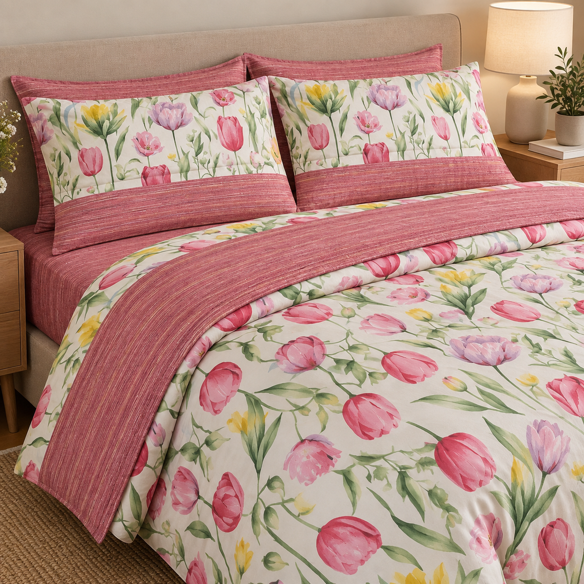 Completo Lenzuola Matrimoniale Tulipani 100% Cotone - Mon Amour
