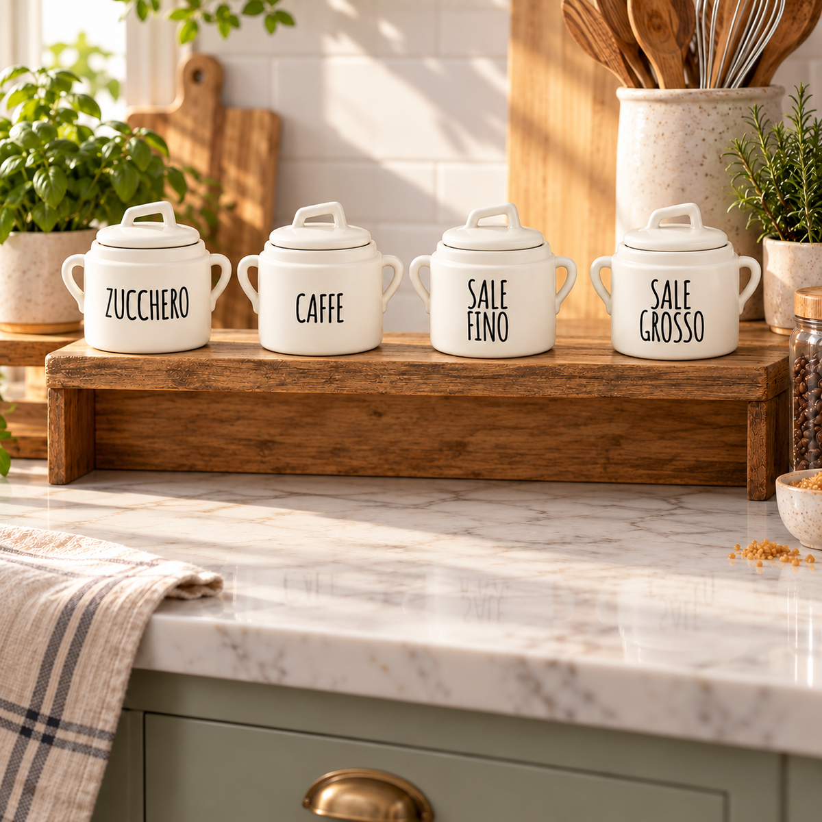 Barattolo in Ceramica con Manici e Coperchio per Zucchero, Caffè, Sale Fino o Grosso, 12,5x11xh13,5cm - Cucina&Cottura