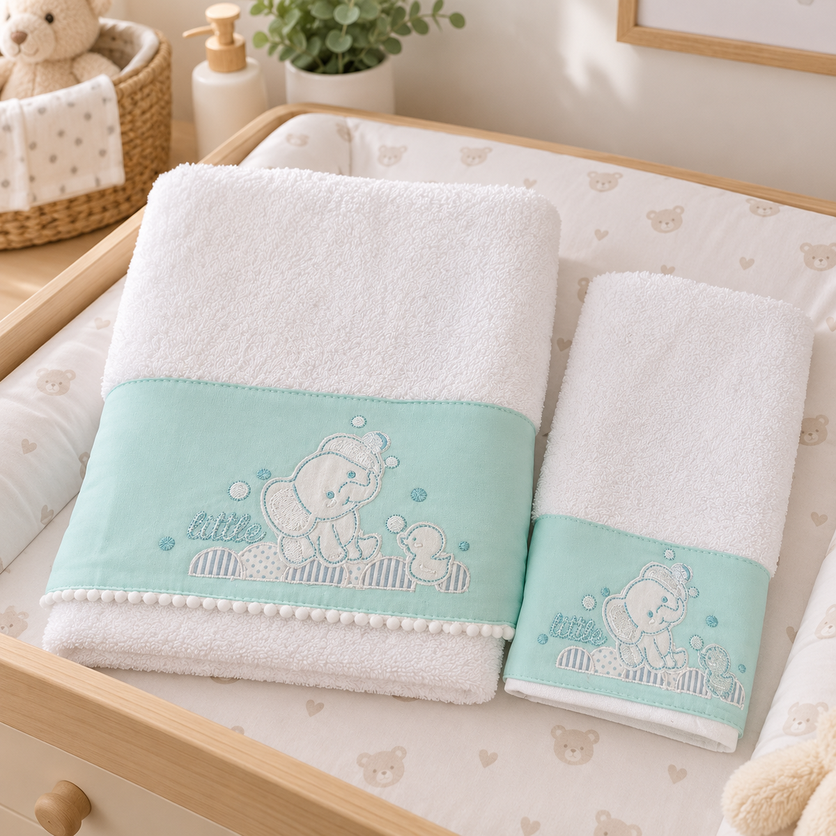 Set Asciugamani Baby 1+1 in Spugna di Cotone Elefantino - Vingi