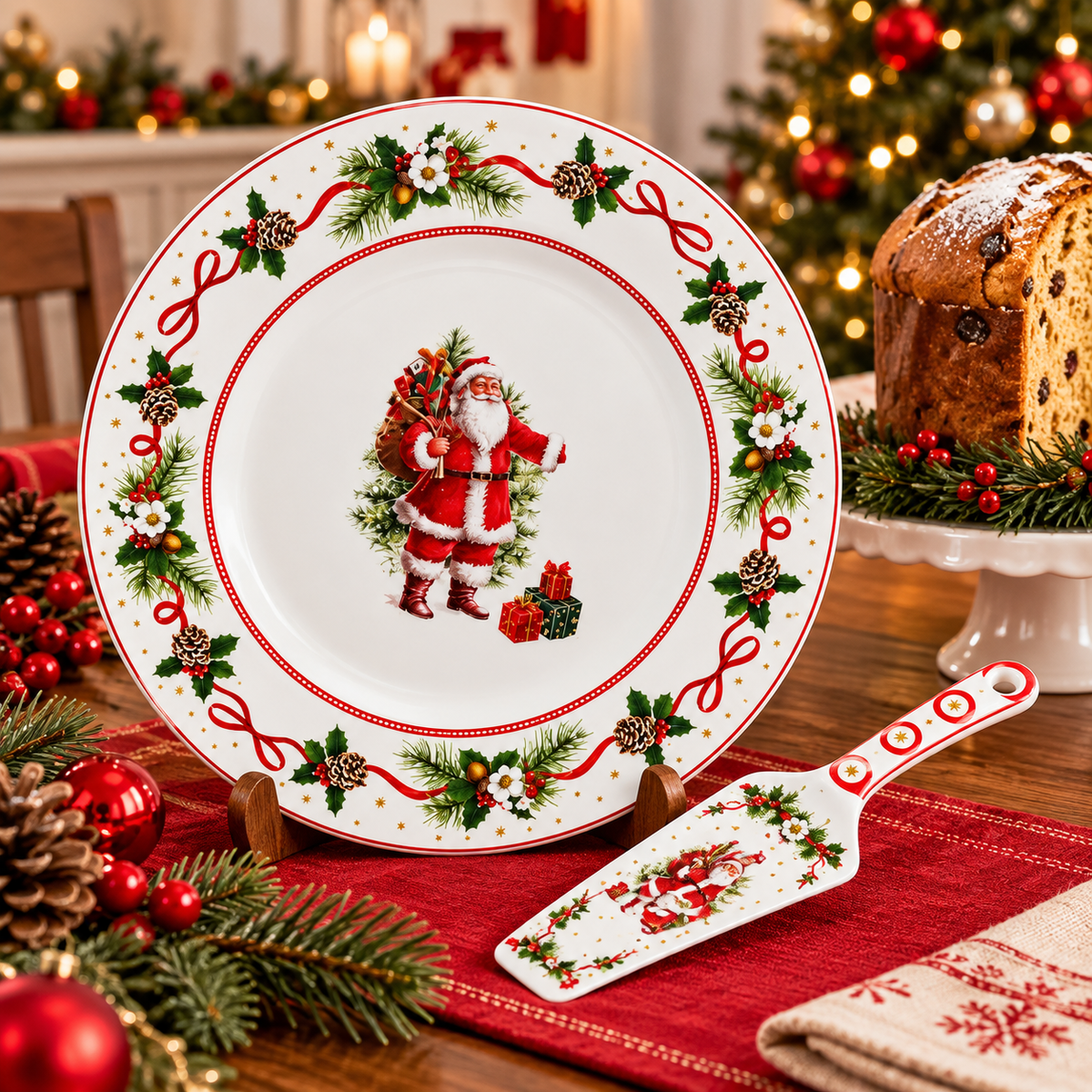 Piatto Panettone Santa Claus con Paletta Coordinata - Arca