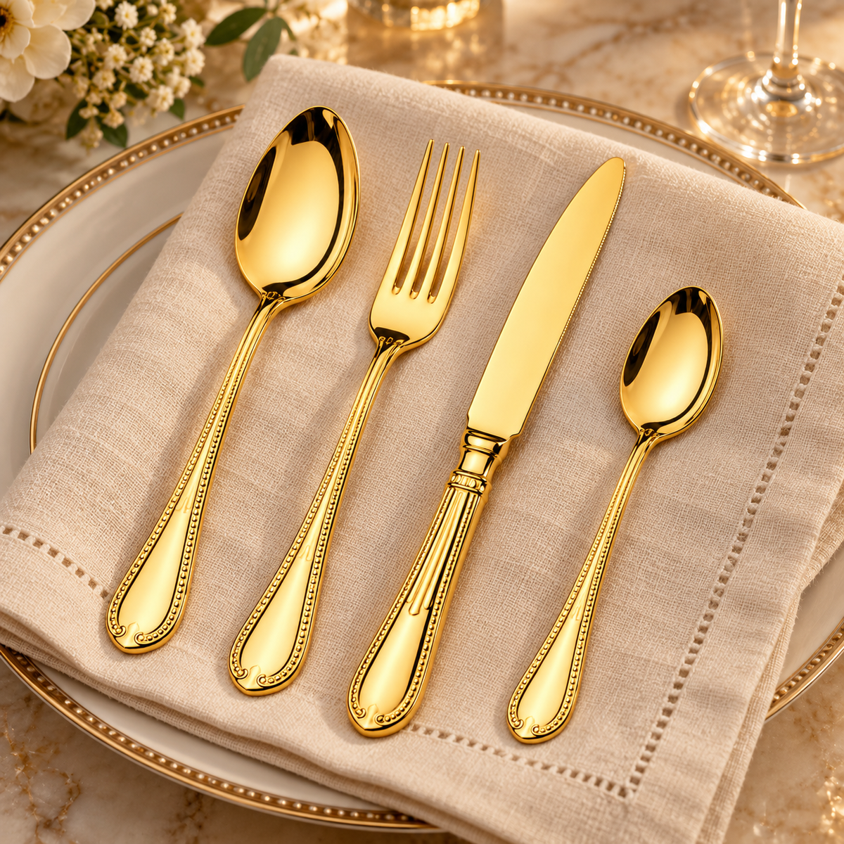 Set 24 Posate Elisabeth Oro Acciaio Inox 18/10 PVD Lucido in Scatola Vetrina - Domus&Design