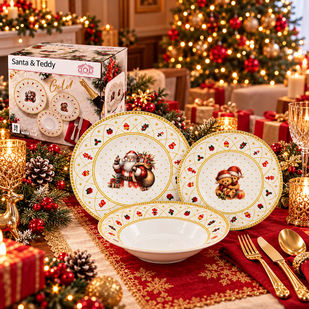 Servizio Piatti Natalizio 18pz Christmas Santa & Teddy Gold - Arca