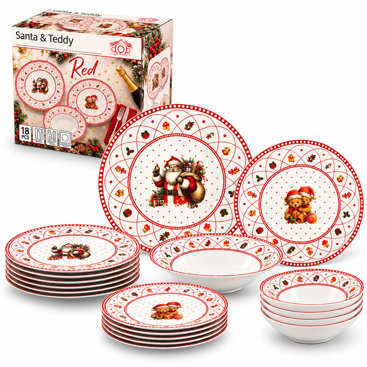 Servizio Piatti Natalizio 18pz Christmas Santa & Teddy Red - Arca