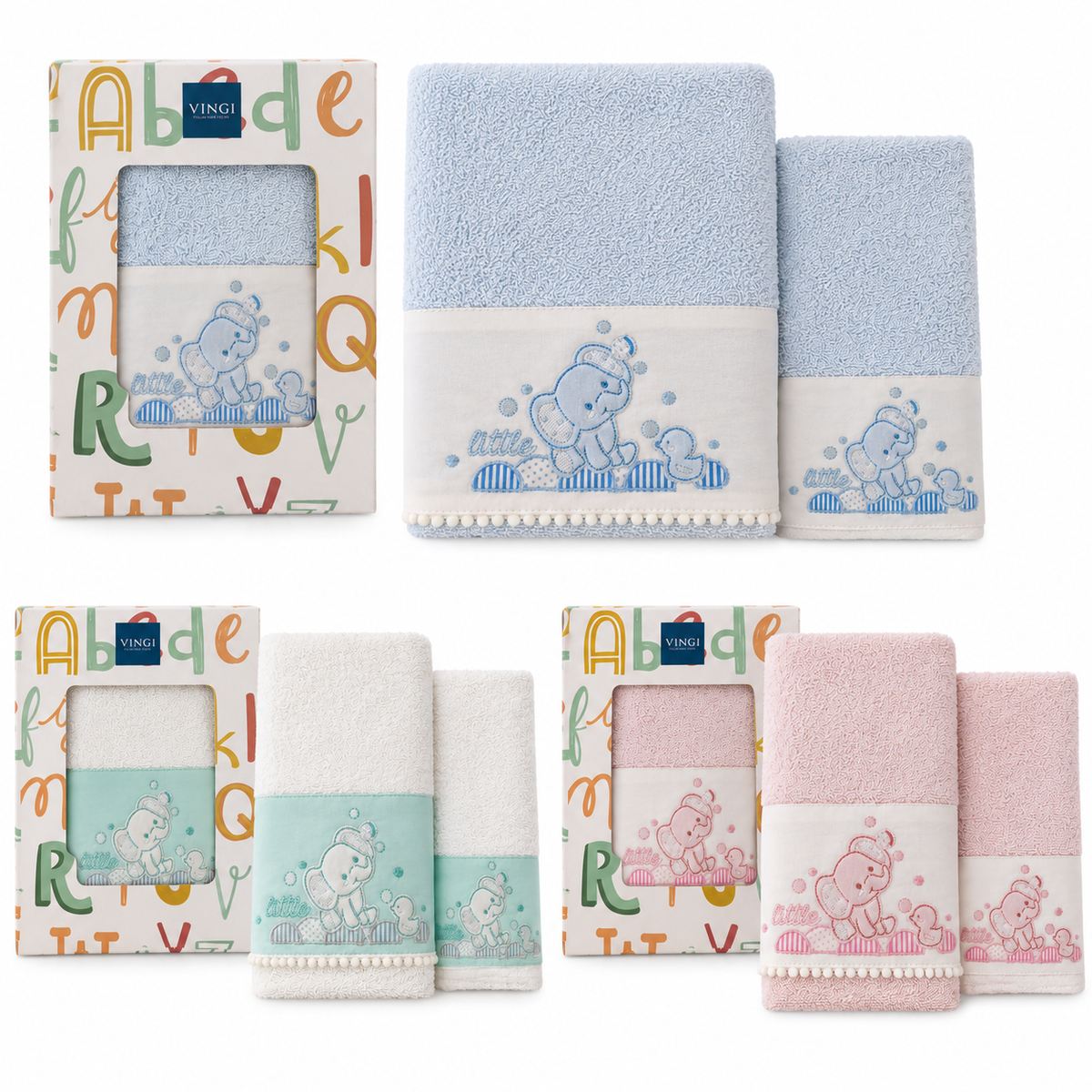 Set Asciugamani Baby 1+1 in Spugna di Cotone Elefantino - Vingi
