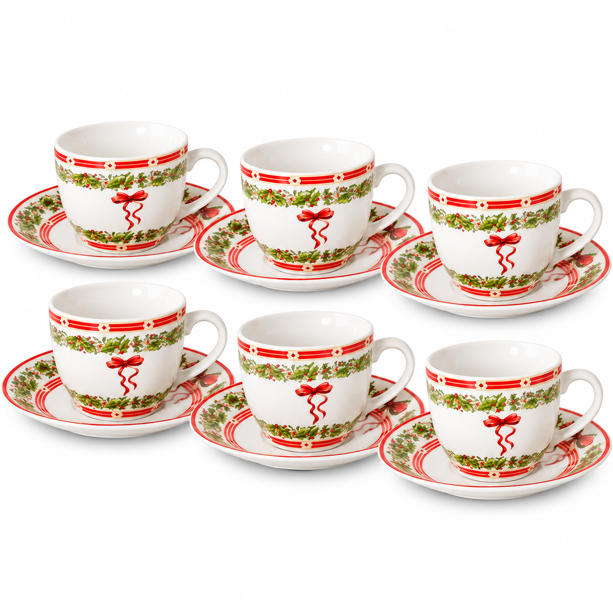 Set 6 Tazzine da Caffè Natalizie con Piattino Ribbon - Arca