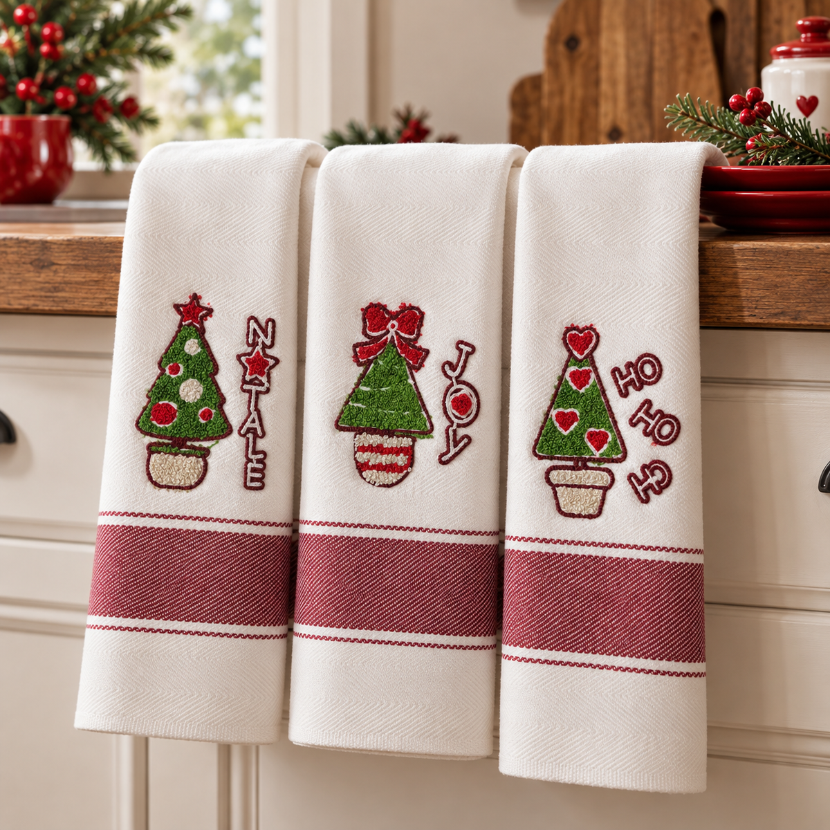 Set 3 Strofinacci Natalizi Spiga Xmas Alberi di Natale 100% Cotone - Vingi