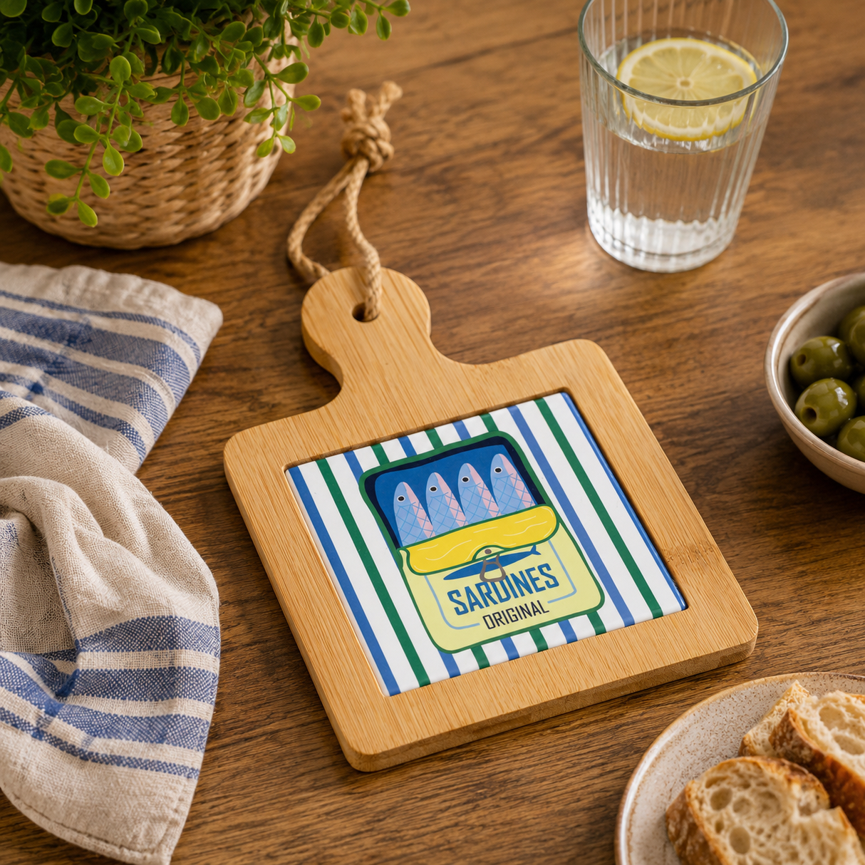 Tagliere Quadrato Sardine Montemaggi in Bamboo e Ceramica 15x21,5 cm