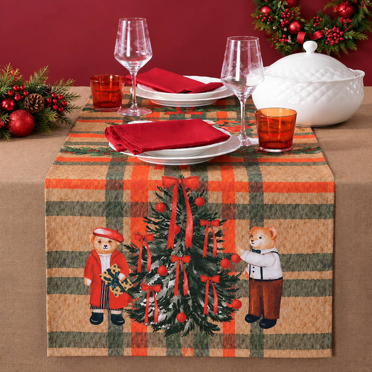 Runner da Tavola Natalizio Teddy Bear 50x150 cm 100% Cotone - Centro del Ricamo