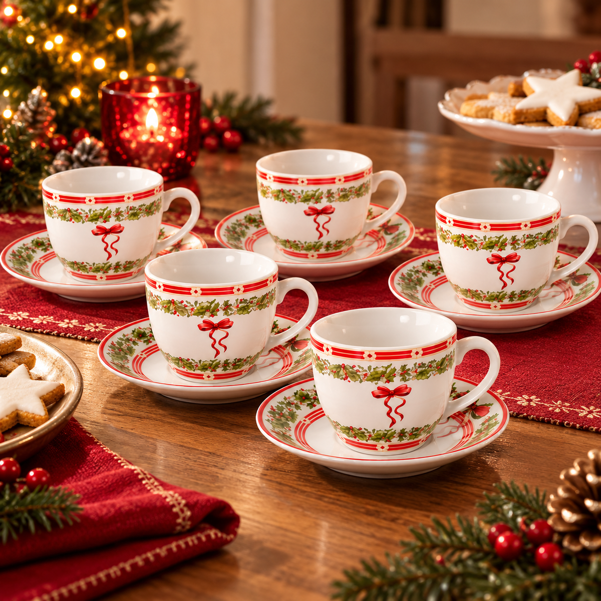 Set 6 Tazzine da Caffè Natalizie con Piattino Ribbon - Arca