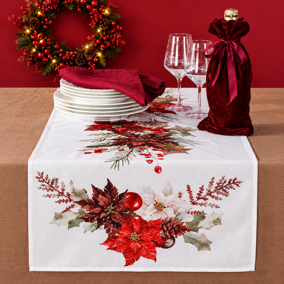 Runner da Tavola Natalizio Stella Elegant 50x150 cm 100% Cotone - Centro del Ricamo