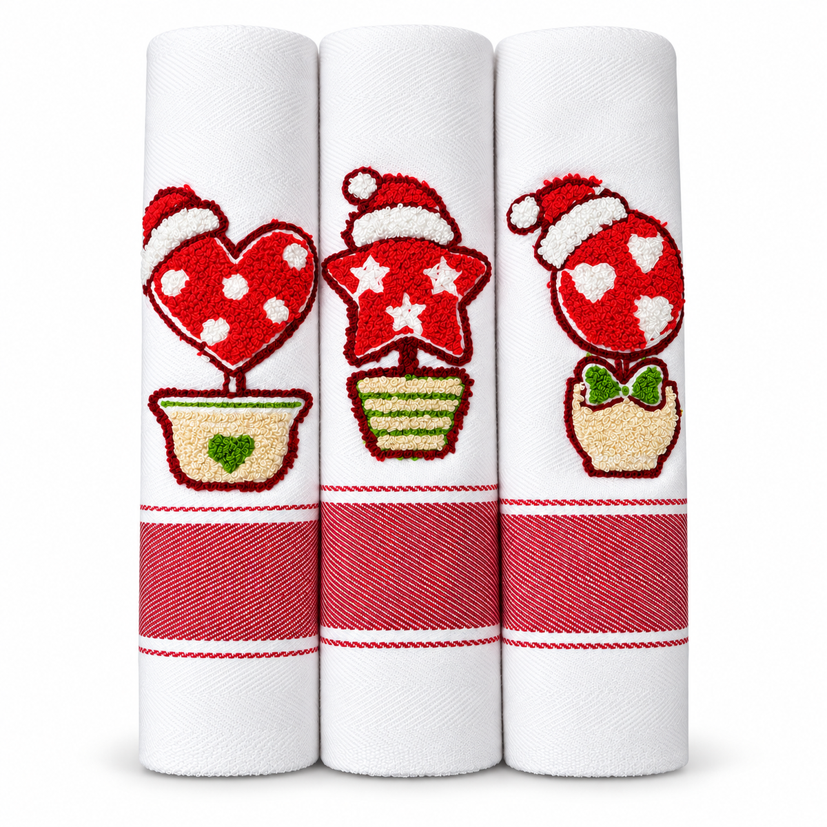Set 3 Strofinacci Natalizi Spiga Xmas Vasetti 100% Cotone - Vingi