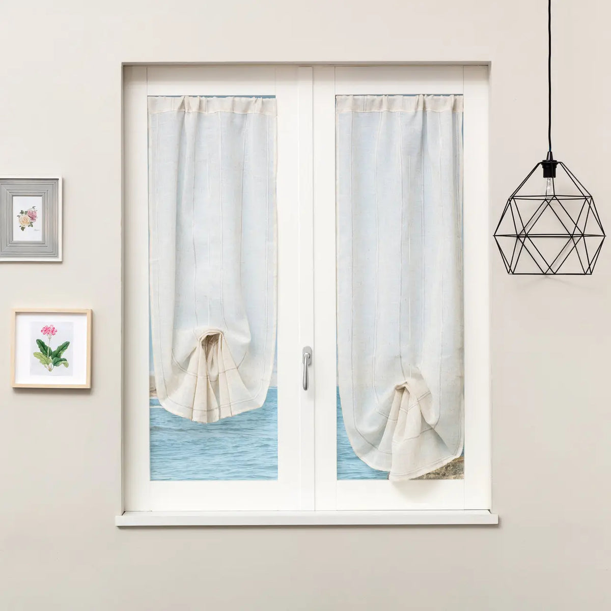 Coppia Tendine Effetto Lino Lione con Tunnel e Roll Up Centrale 60x150cm o 60x230cm - Linea Oro